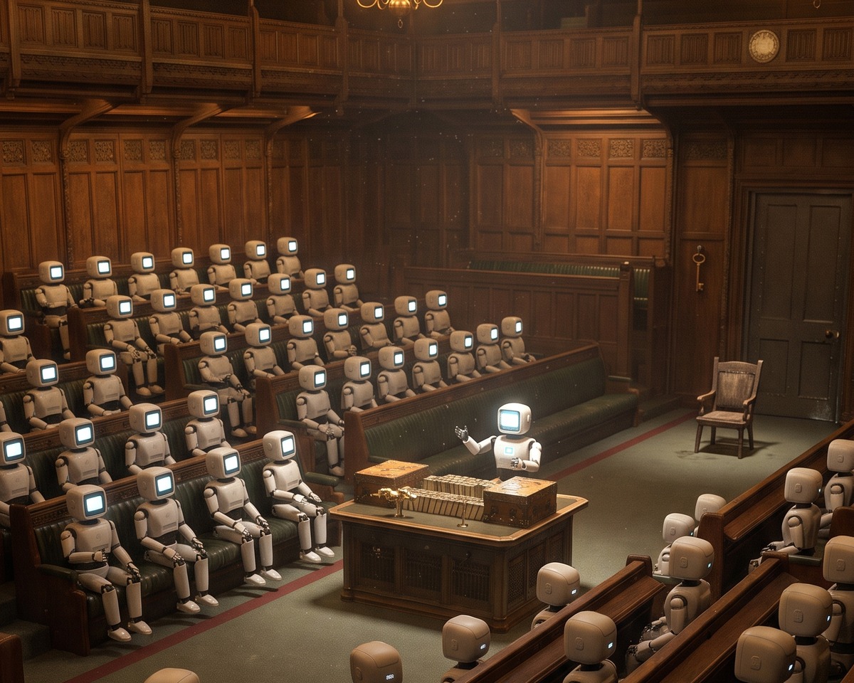 Wood-panelled debating chamber filled with small screen-faced robots and no people