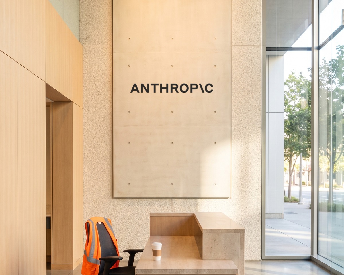 Empty tech company lobby, unattended reception desk with a safety vest on the chair