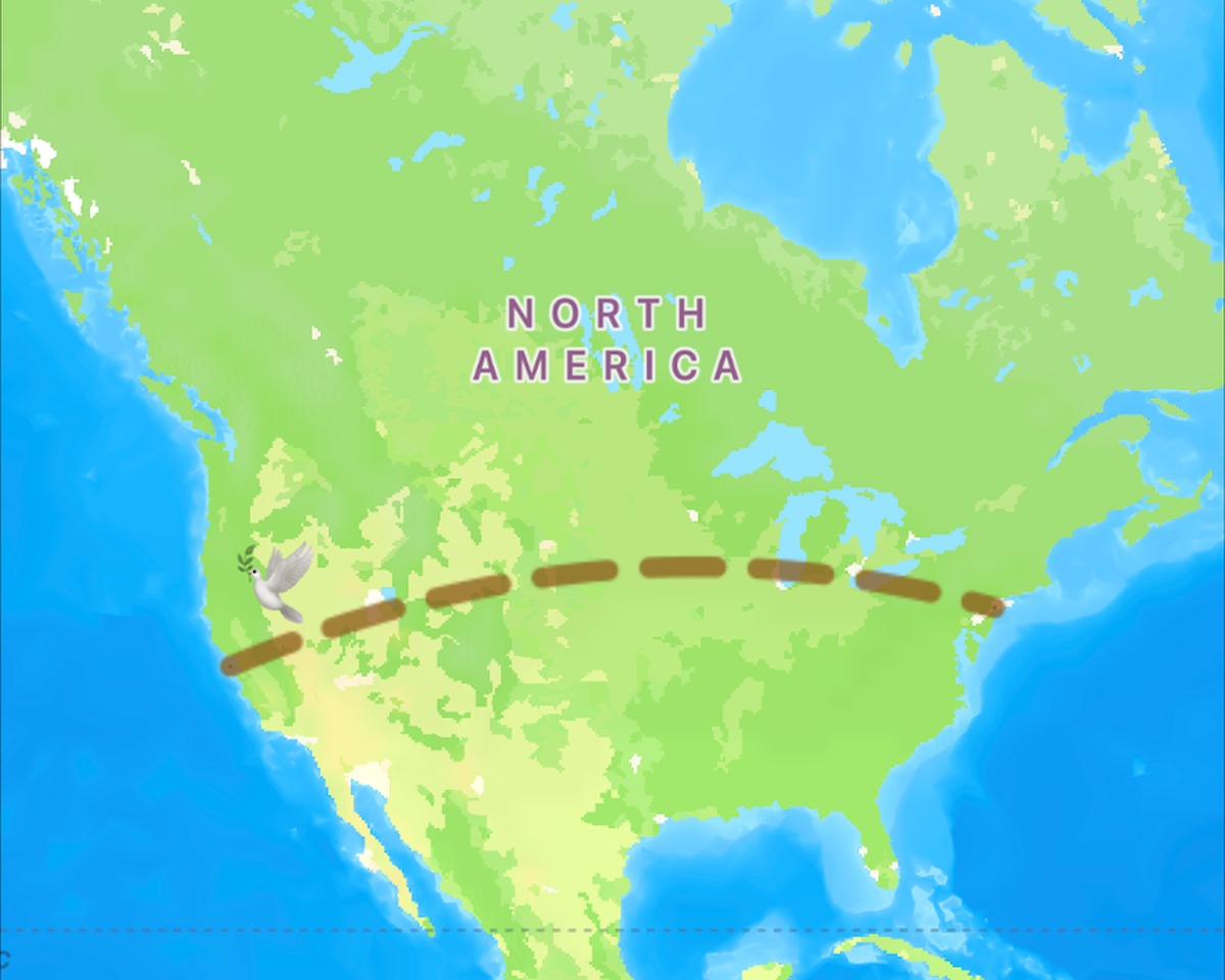 Map screen in Carrier Pidge showing a dashed pigeon route across North America