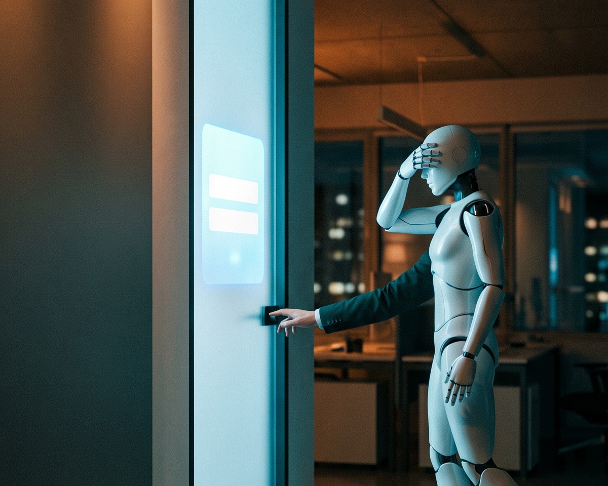 Humanoid assistant covering its eyes beside a lit login door as a human hand types