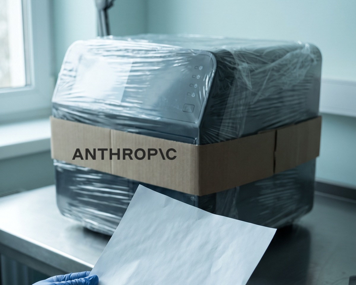 Gloved hands holding a sheet of paper beside an analyser still sealed in factory shrink wrap