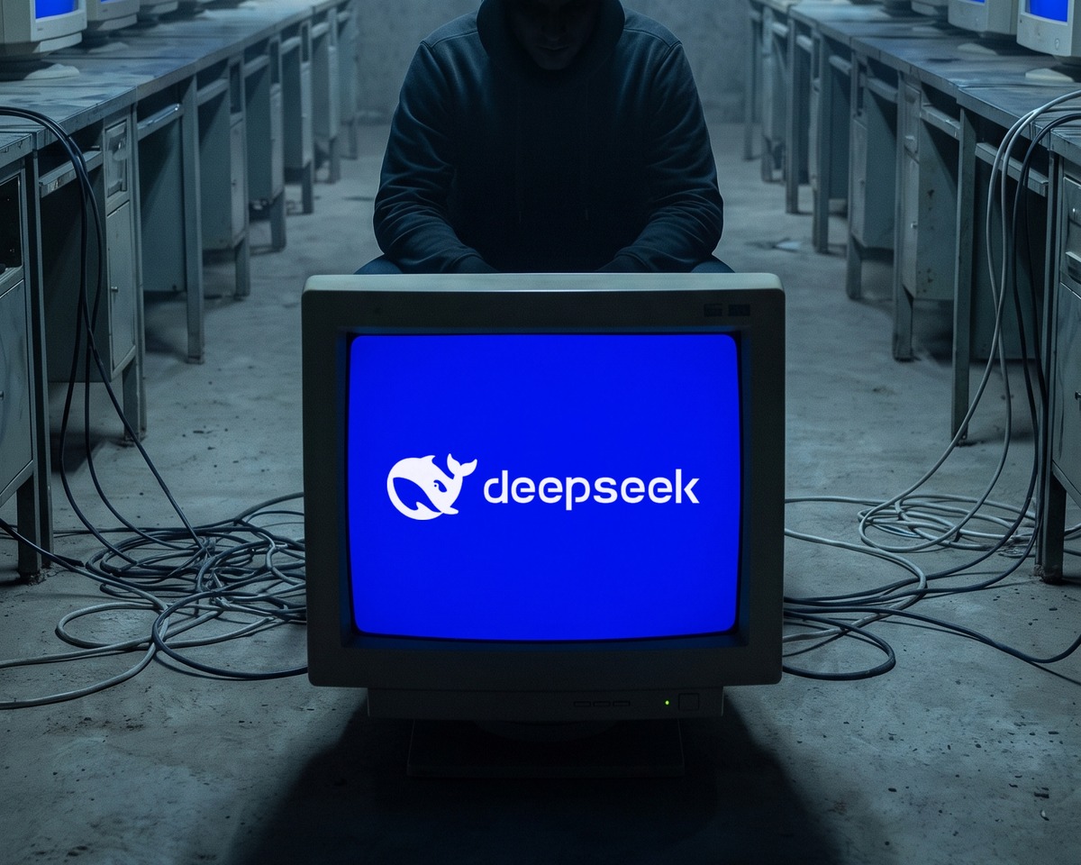 Rows of identical terminals in a dark room, the foreground monitor showing the DeepSeek mark