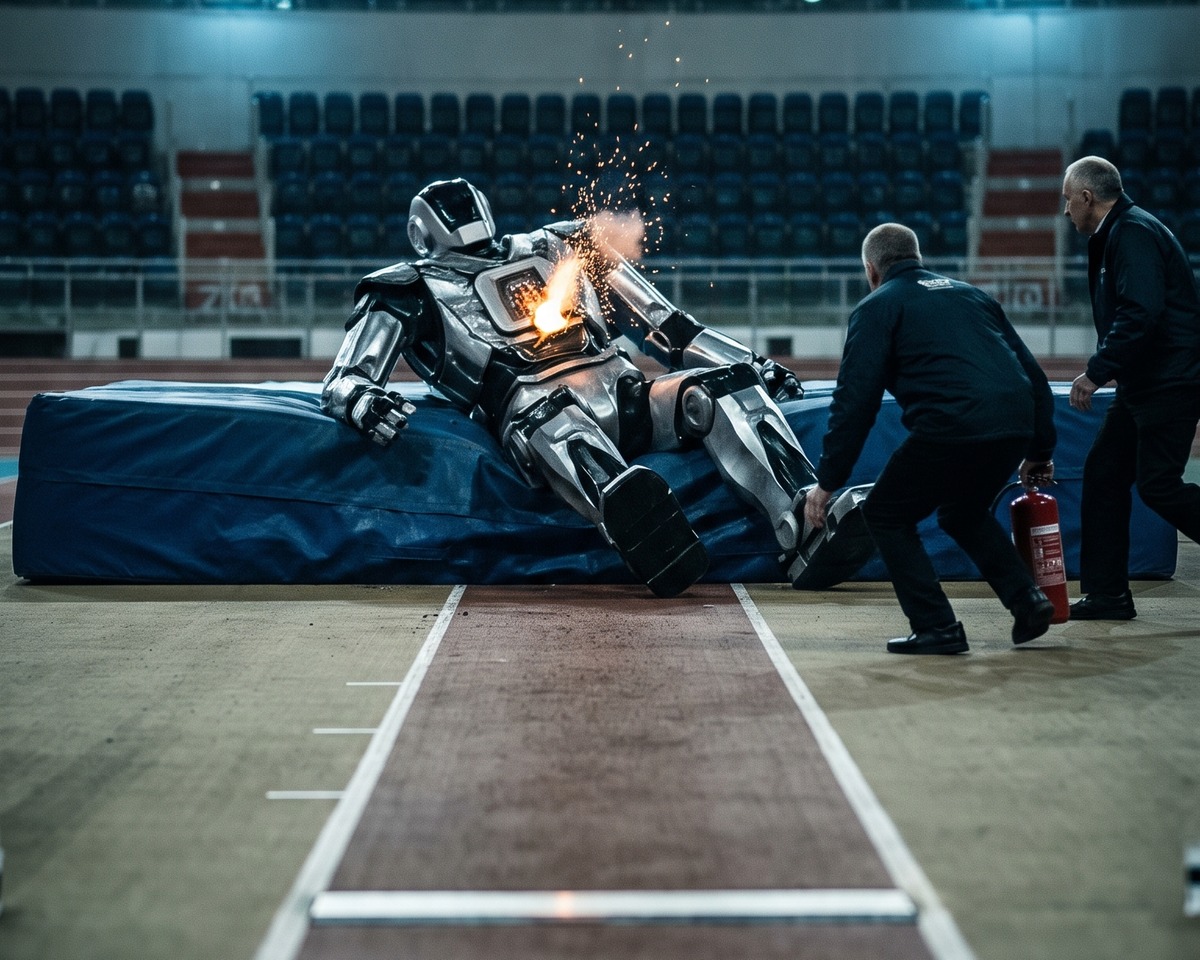Humanoid robot on a crash mat past a running track finish line, sparks at its torso